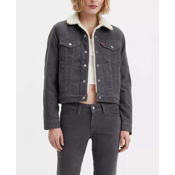 Levi's Trucker Jacket Women S Gray Corduroy Sherpa Snap Buttons Slim Fit Classic - Picture 1 of 13